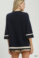 Umgee Contrast Trim Mock Neck 3/4 Sleeve Knit Top in Navy