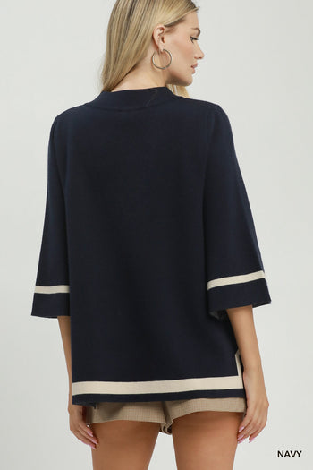 Umgee Contrast Trim Mock Neck 3/4 Sleeve Knit Top in Navy