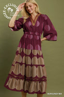 Umgee Mix Polka Dot Tiered Boho Midi Dress in Burgundy Mix