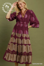 Load image into Gallery viewer, Umgee Mix Polka Dot Tiered Boho Midi Dress in Burgundy Mix
