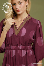 Load image into Gallery viewer, Umgee Mix Polka Dot Tiered Boho Midi Dress in Burgundy Mix
