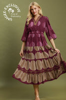 Umgee Mix Polka Dot Tiered Boho Midi Dress in Burgundy Mix
