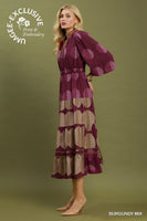 Umgee Mix Polka Dot Tiered Boho Midi Dress in Burgundy Mix