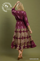 Umgee Mix Polka Dot Tiered Boho Midi Dress in Burgundy Mix