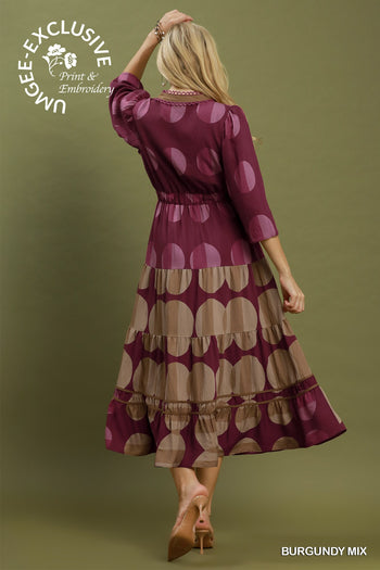 Umgee Mix Polka Dot Tiered Boho Midi Dress in Burgundy Mix