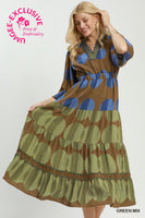 Umgee Mix Polka Dot Tiered Boho Midi Dress in Green Mix
