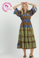 Umgee Mix Polka Dot Tiered Boho Midi Dress in Green Mix