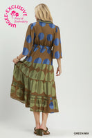 Umgee Mix Polka Dot Tiered Boho Midi Dress in Green Mix