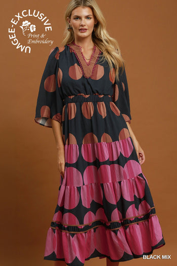 Umgee Mix Polka Dot Tiered Boho Midi Dress in Black Mix