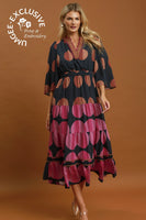 Umgee Mix Polka Dot Tiered Boho Midi Dress in Black Mix