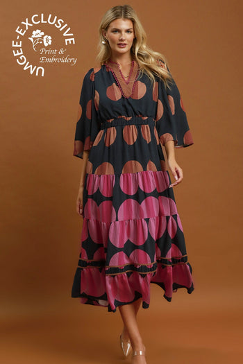 Umgee Mix Polka Dot Tiered Boho Midi Dress in Black Mix