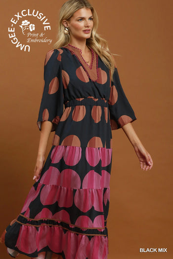 Umgee Mix Polka Dot Tiered Boho Midi Dress in Black Mix