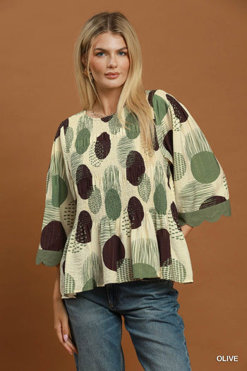Umgee Abstract Dot Smocked Peplum Top in Olive