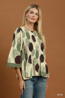 Umgee Abstract Dot Smocked Peplum Top in Olive
