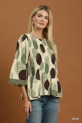 Umgee Abstract Dot Smocked Peplum Top in Olive
