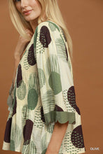 Load image into Gallery viewer, Umgee Abstract Dot Smocked Peplum Top in Olive
