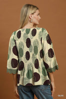 Umgee Abstract Dot Smocked Peplum Top in Olive