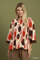 Umgee Abstract Dot Smocked Peplum Top in Teaberry
