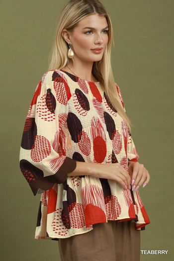 Umgee Abstract Dot Smocked Peplum Top in Teaberry
