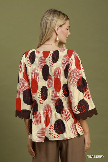 Umgee Abstract Dot Smocked Peplum Top in Teaberry