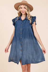 Mittoshop Chambray Mini Length Shirt Dress in Dark Denim