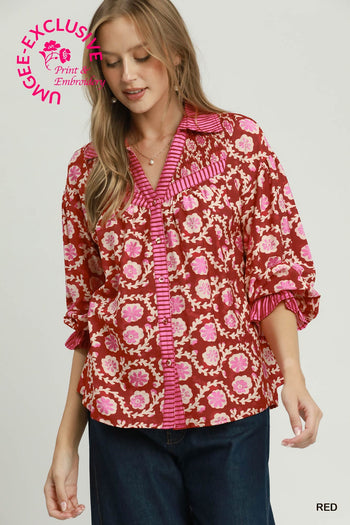 Umgee Mixed Media Print Top in Red