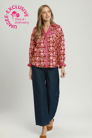 Umgee Mixed Media Print Top in Red