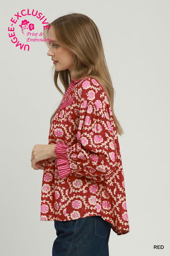Umgee Mixed Media Print Top in Red
