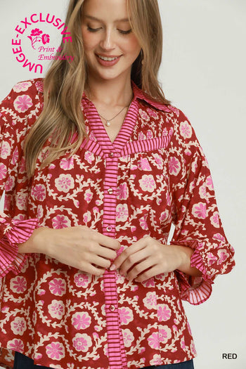 Umgee Mixed Media Print Top in Red