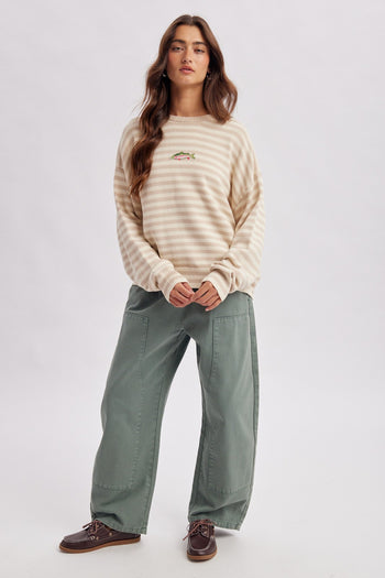 Wishlist Striped Fish Coastal Graphic Crew Neck Sweater in Taupe/Sand