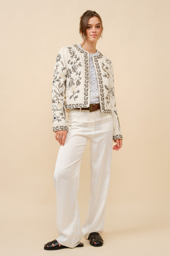 Blue B Mixed Embroidered Zip Up Jacket in Vanilla Black