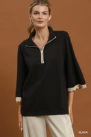 Umgee Quarter-Zip Scalloped Sleeve Knit Top in Black