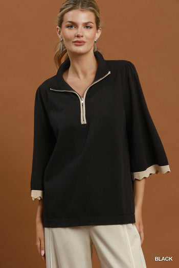 Umgee Quarter-Zip Scalloped Sleeve Knit Top in Black