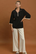 Load image into Gallery viewer, Umgee Quarter-Zip Scalloped Sleeve Knit Top in Black
