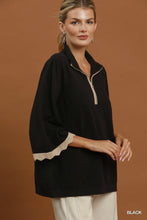 Load image into Gallery viewer, Umgee Quarter-Zip Scalloped Sleeve Knit Top in Black
