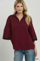 Umgee Quarter-Zip Scalloped Sleeve Knit Top in Burgundy