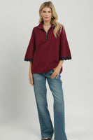Umgee Quarter-Zip Scalloped Sleeve Knit Top in Burgundy