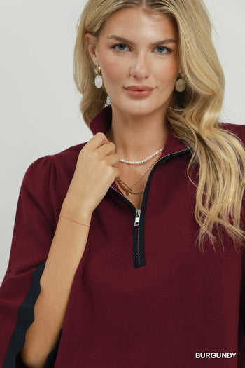 Umgee Quarter-Zip Scalloped Sleeve Knit Top in Burgundy