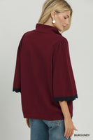 Umgee Quarter-Zip Scalloped Sleeve Knit Top in Burgundy