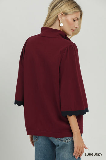 Umgee Quarter-Zip Scalloped Sleeve Knit Top in Burgundy