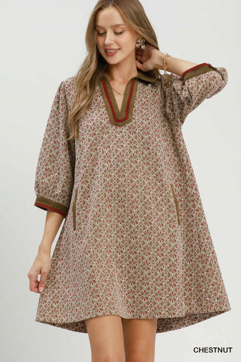 Umgee Mix Media Jacquard Dress in Chestnut