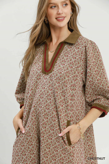 Umgee Mix Media Jacquard Dress in Chestnut