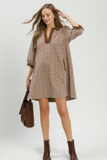 Umgee Mix Media Jacquard Dress in Chestnut