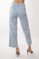 Davi & Dani Denim Pants with Paisley and Ditzy Floral Print in Light Denim