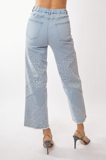 Davi & Dani Denim Pants with Paisley and Ditzy Floral Print in Light Denim