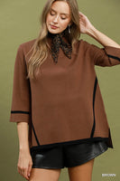 Umgee Mock Neck Contrast Trim Short Sleeve Knit Sweater Top in Brown