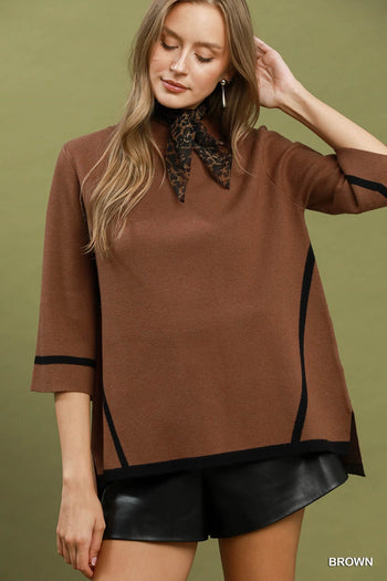 Umgee Mock Neck Contrast Trim Short Sleeve Knit Sweater Top in Brown