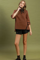 Umgee Mock Neck Contrast Trim Short Sleeve Knit Sweater Top in Brown