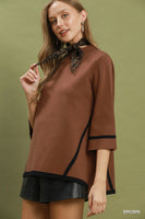 Umgee Mock Neck Contrast Trim Short Sleeve Knit Sweater Top in Brown