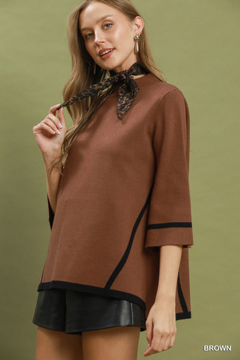 Umgee Mock Neck Contrast Trim Short Sleeve Knit Sweater Top in Brown